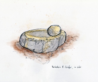 Documentary sketch of mortar and grinding stone in situ at early Neolithic Göbekli Tepe (Turkey).
