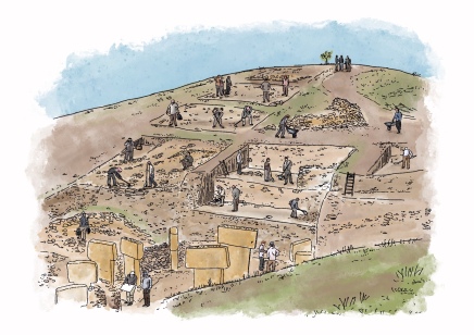 Overview of the busy excavations at early Neolithic Göbekli Tepe (Turkey); view into the so-called main excavation area towards west.